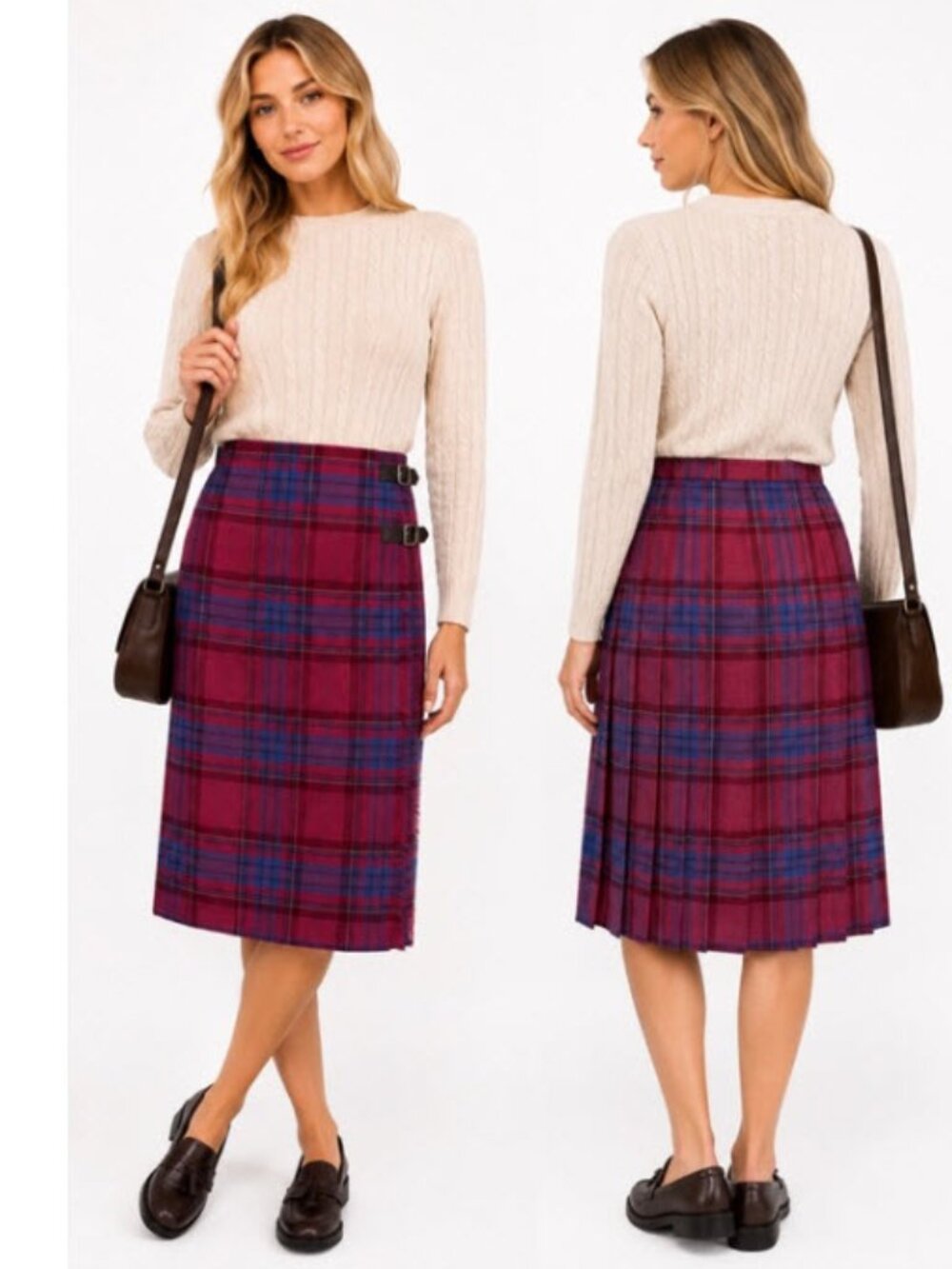 Wool Tartan Wrap Kilt Skirt Pleated Medium Vintage Jedburgh Kiltmakers Pink Blue